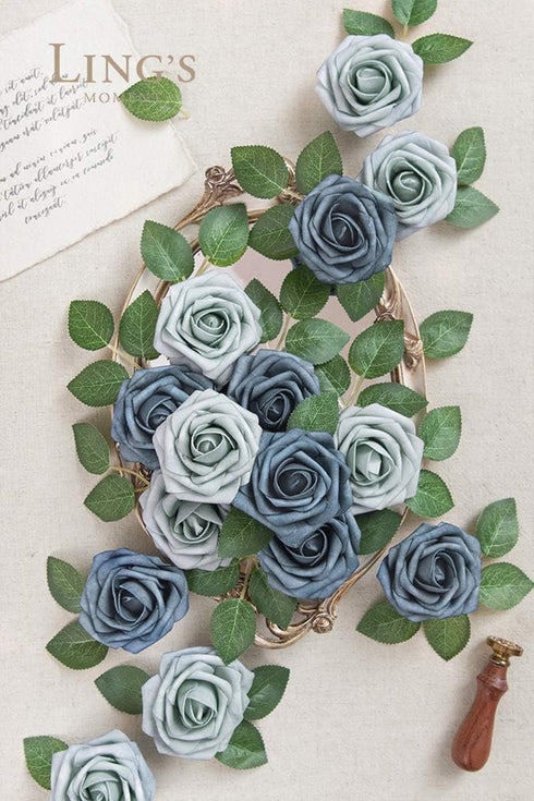 Ling's Moment Artificial Flowers 50Pcs Dusty Blue & Navy Roses Decor w/Stems,3" Real Touch DIY Foam Floral for Wedding Bouquet/Centerpieces, Outdo...