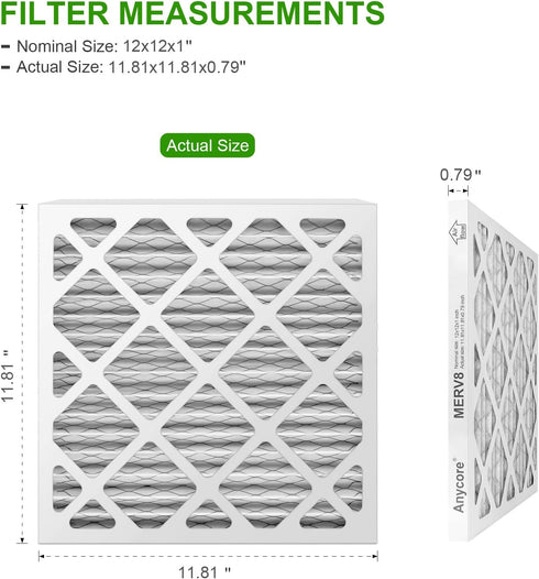 12x12x1 AC Furnace Air Filter, MPR 600, MERV 8 Pleated HVAC Filter, 2 Pack (exact dimensions 11.81x11.81x0.79 inches)...