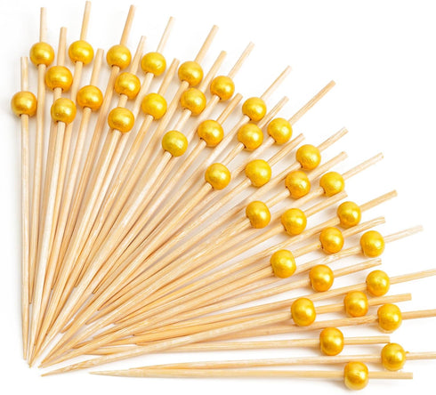 PuTwo Cocktail Picks Handmade Bamboo Appetizer Toothpicks 100 Counts 4.7” Yellow Pearls...