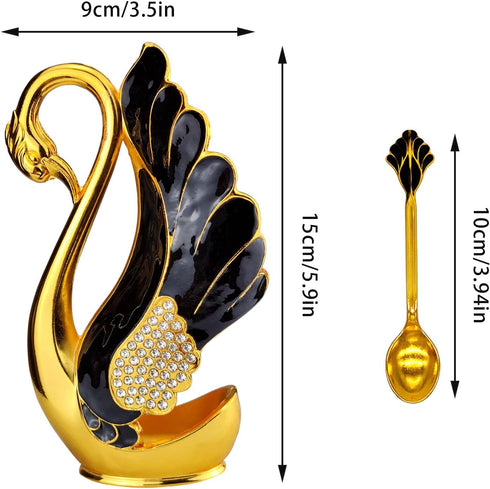 Swan Base Holder with 6pcs Coffee Dessert Dinner Spoon Set, Metal Coffee Spoon Organizer Teaspoon Fruit Dessert Flatware Sugar Ice Cream Spoons (G...