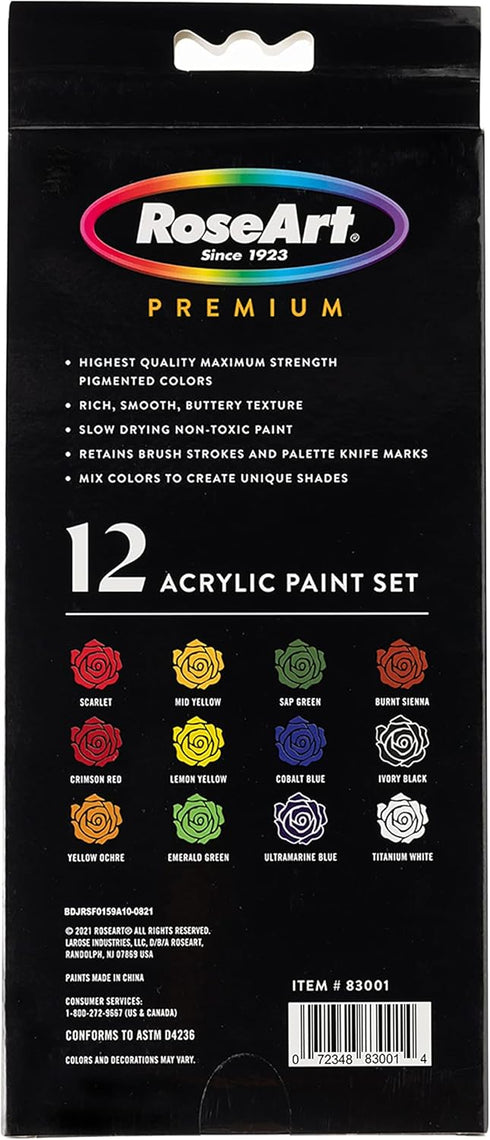 RoseArt Premium Paint Set – 12 Count Acrylic Paints for Canvas, Wood, Ceramic and Fabrics – Craft Painting Supplies for Casual to Professional Art...