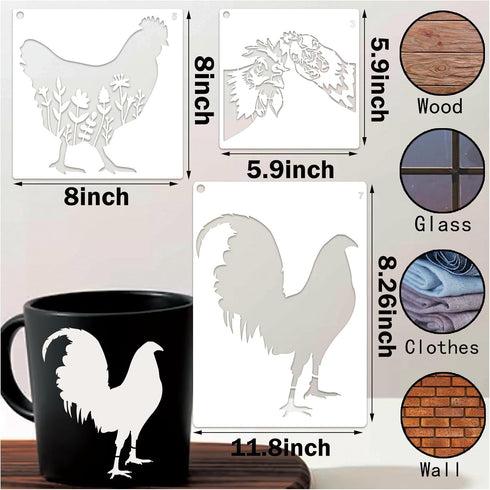 Chicken Stencils for Painting on Wood, Wildflower Rooster Stencils for Crafts Reusable Wood Burning Drawing Art Animal Paint Stencils and Patterns...