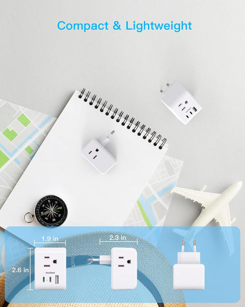 2 Pack European Travel Plug Adapter, One Beat International Power Plug Adapter with 3 Outlets 1 USBA 2 USB C, Type C Plug Adapter Travel Essential...
