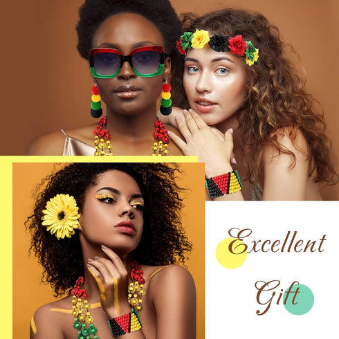 7 Pieces Jamaica African Jewelry for Women, Rasta African Beads Earrings Afro Beaded Bracelet Queen Wooden Earrings Bohemian Coconut Shell Necklac...