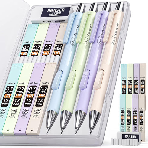 Nicpro 4 PCS Pastel Mechanical Pencil 0.7mm, Cute Fast Click Mechanical Pencils Set with 8 Tubes HB Lead Refills, Erasers, Eraser Refills for Scho...