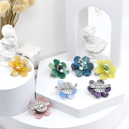 AeraVida Colorful Daisy Flower Yellow Lemon Jade, Crystals, and Green Pearls Brooch Pin,Elegant Handmade Simulated Jade Brooch or Pin, Cultured fr...