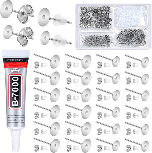 Jewelry Glue with Earring Posts,1002Pcs Stainless Steel Earring Posts with Butterfly and Rubber Earring Backs, Hypoallergenic Stud Earring Posts w...