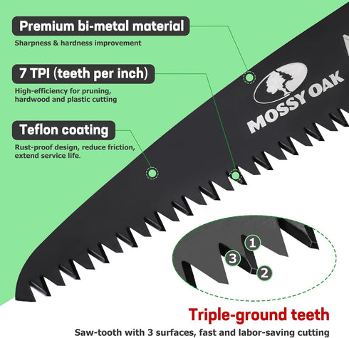 MOSSY OAK Folding Saw - 7 Inch Pruning Hand Saw with Pouch, D6A & M2 Bimetal Saw Blade, Hunting Saw Foldable for Deer, Tree, Wood, and Limb Cuttin...