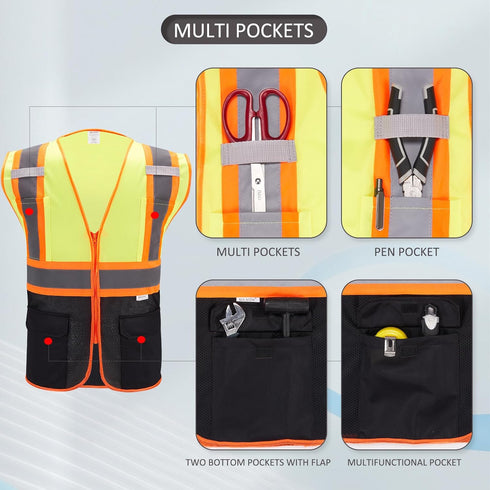 High Visibility Reflective Safety Vest with Zipper and Pockets (Yellow & Black),Medium...
