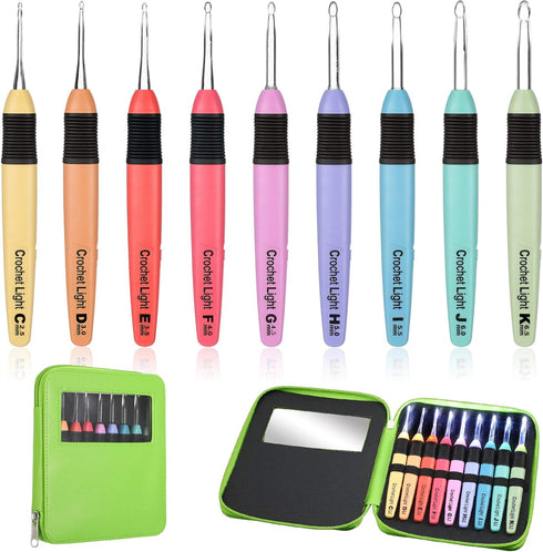 9 Pieces Lighted Crochet Hooks with Case LED Light Crochet Hooks Set Knitting Needles Craft Yarn Weaving Needles Comfortable Smooth Handle for Kni...