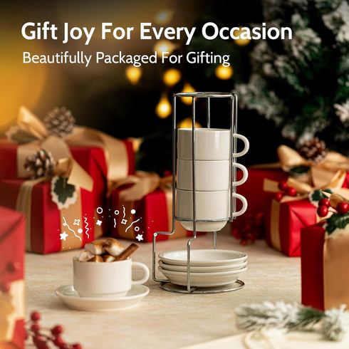 Sweese 8 Ounce Porcelain Stackable Cappuccino Cups with Saucers and Metal Stand - for Specialty Coffee Drinks, Cappuccino, Latte, Americano and Te...