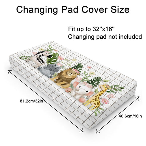 Baby African Safari Animals Changing Pad Cover Lion Elephant Giraffe Hippo Zebra Floral Leaves Baby Changing Table Pad Sheet for Boy Girl Soft Bre...