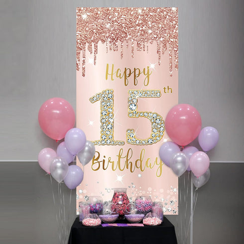 Happy 15th Birthday Door Banner Decorations for Girls, Pink Rose Gold 15 Birthday Party Backdrop Door Cover Sign Supplies, Fifteen Year Old Birthd...