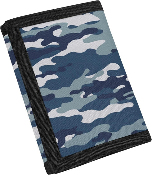 Blue Camo Print Kids Wallet for Boys Girls Teens Trifold Canvas Wallet for Men Women Army Camouflage Wallets Credit Card Holder...