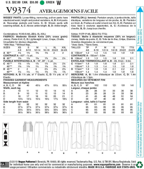 Vogue V9374ZZ Women's Loose Fitting Pants Sewing Patterns by Marcy Tilton, Sizes 16-26, White...