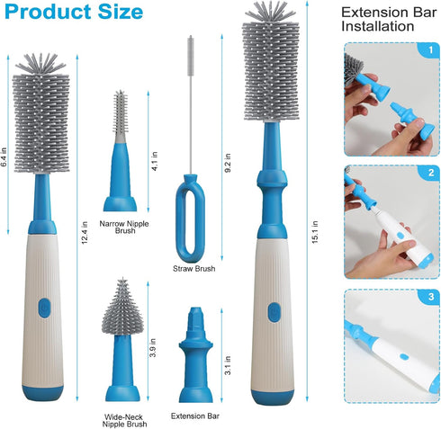 Electric Bottle Brush Cleaner Set, Baby Bottle Brush Cleaning with Rechargeable?Waterproof Replaceable Nipple and Straw Silicone Brush Blue...