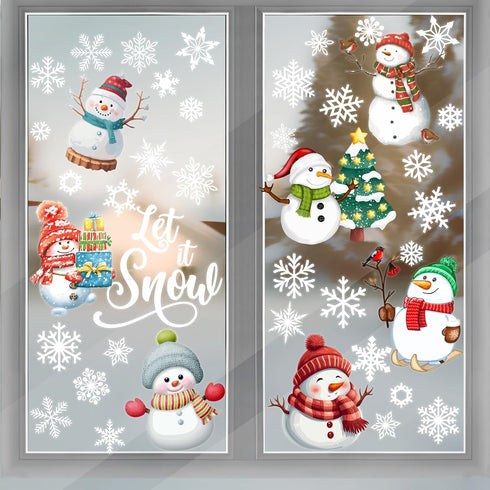 9 Sheet Christmas Window Clings Snowman Window Decals Christmas Snowflake Stickers Let it Snow Winter Window Glass Decor for Kids Christmas Holida...