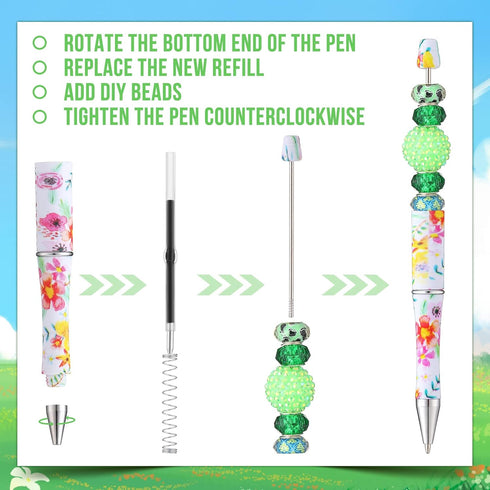 12 Pcs Plastic Beadable Pens Floral Bead Pens Spring Flowers Assorted Bead Pen Ballpoint Pen Shaft Black Ink Beaded Pens with 12 Pcs Refills for D...