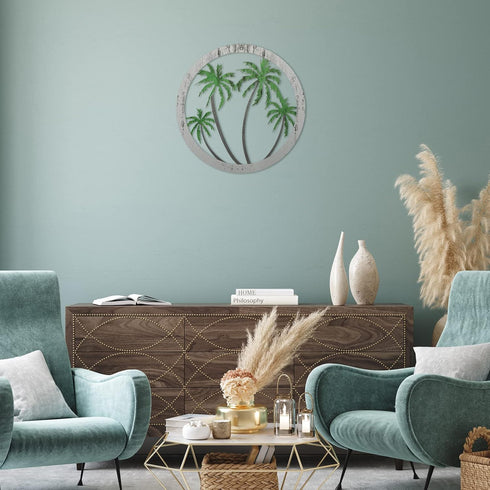 Zhengmy Metal Palm Tree Wall Art Decor Tropical Plaque Hanging Decor Decorative Art Antique Round Outdoor for Garden Home Patio Supplies, 12''(Gre...