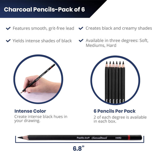 Pacific Arc Premium Charcoal Drawing Pencils for Artists - 6 Pieces Soft Medium and Hard - Charcoal Pencils for Drawing, Sketching and Shading - G...