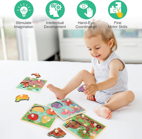 Wooden Peg Puzzles for Toddlers 1-3, Kids' Educational Preschool Peg Puzzle Toy, Set of 4 Toddler Puzzles - Farm, Dinosaur, Fruit and Marine Anima...