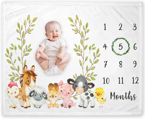 Farm Animals Milestone Blanket, Farm Baby Growth Chart Monthly Blanket, Watch Me Grow Baby Nursery for New Moms Baby Shower, Horse Cow Sheep Pig, ...