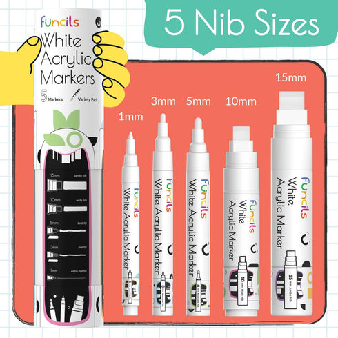 5 Acrylic White Paint Pens - Fine & Jumbo Size Ink Pens (1mm, 3mm, 6mm, 10mm, 15mm) - Permanent White Marker Ink for Rock Painting, Fabric, Tire, ...