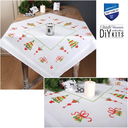 Vervaco Cross Stitch Kits for Adults, Tablecloth, Embroidery with Template, 100% cotton Embroidery Thread, 31.50 x 31.50 Inches, Christmas Trees.....