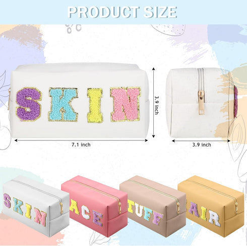 4 Pcs Large Chenille Letter Patch Makeup Bag Skin Stuff Hair Face Bag Preppy Patch Makeup Cosmetic Bag Toiletry Zipper for Women Teen Girl(Light C...