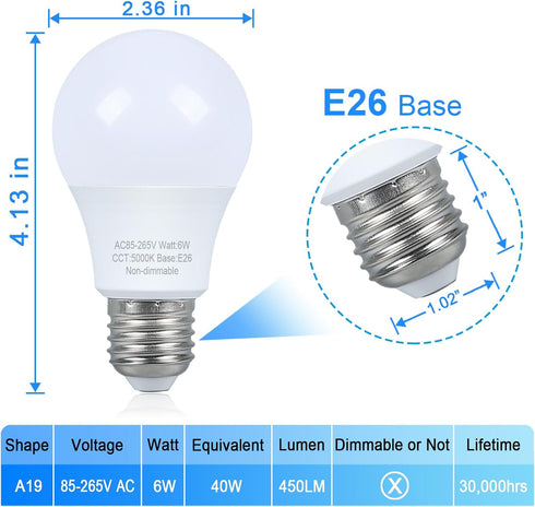 4 Pack LED Light Bulbs 40 watt Equivalent, Daylight 5000K, A19 Standard Light Bulbs, E26 Medium Base, Non-Dimmable...