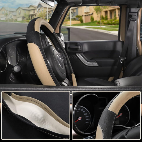 SEG Direct Car Steering Wheel Cover for F-150 Tundra Range Rover 15.5-16 inch, Black and Beige Microfiber Leather...