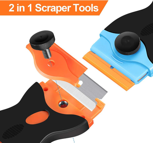 2PACK Razor Blade Scraper, 2-in-1 Scraper Tool with 12Pcs Plastic Blades and 7Pcs Metal Blades, Multi-Purpose Cleaning Razor Scraper for Decals, S...