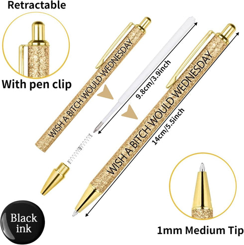 Jxueych 7 Pcs Funny Ballpoint Pen Set Gift for Coworker, Days of The Week Daily Glitter Pen, Black Ink Medium Point 1.0 Mm Smooth Writing...