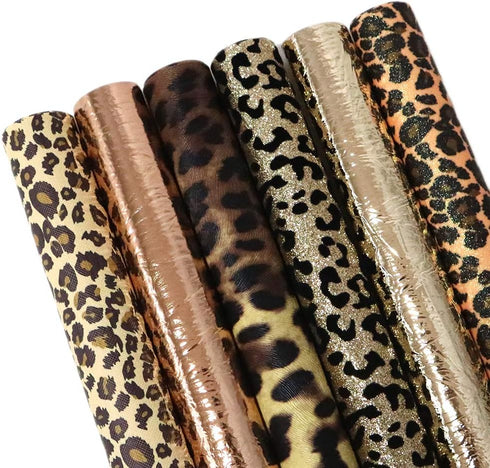 Leopard Printed Faux Leather Sheet Metallic Burst Crack Synthetic Leather Fabric Assorted 6 PCS 7.7" x 12.9" (20 cm x 33 cm) for Hair Accessories ...