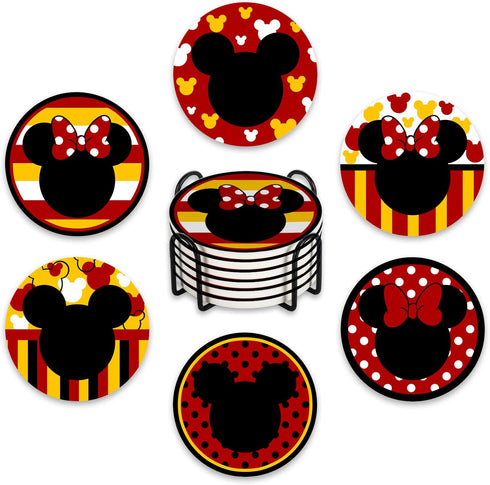Cute Cartoon Mouse Drink Coasters with Holder Set of 6, Red Yellow Absorbent Ceramic Cup Mat for Coffee Table Protection, 4 Inch Polka Dot Stripes...