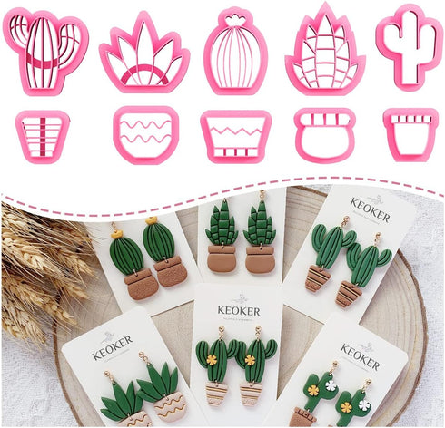 KEOKER Clay Cutters for Polymer Clay Jewelry, Cactus Polymer Clay Cutters for Earrings jewelry Making, 10 Shapes Potted Plant Clay Earrings Cutter...