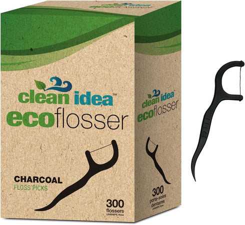 EcoFlosser 300 Picks - Charcoal Dental Floss Picks for Teeth Cleaning - Biodegradable Floss Picks - Dental Floss Picks - Plant Based - Vegan - Sus...