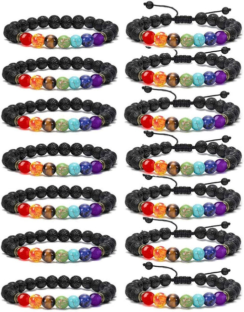 WAINIS 2-14 Pcs Men Women 8mm Lava Rock 7 Chakra Aromatherapy Essential Oil Diffuser Bracelet Elastic Natural Stone Yoga Beads Bracelet 14 TC...