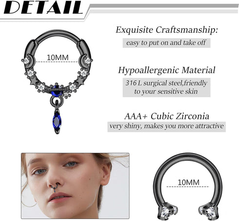 YADOCA 12Pcs 16G Septum Rings Surgical Steel Dangle Septum Piercing Jewelry for Women Septum Clicker Nose Rings Hoop CZ Horseshoe Cartilage Helix ...