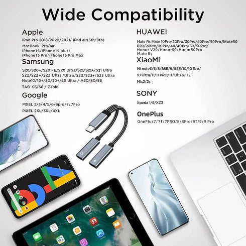USB C Splitter, Dual USB C Headphone and Charger Adapter 60W Fast Charging Compatible with iPhone 15 Series, Galaxy S23 S22 S21 Ultra, Pixel,Pad P...