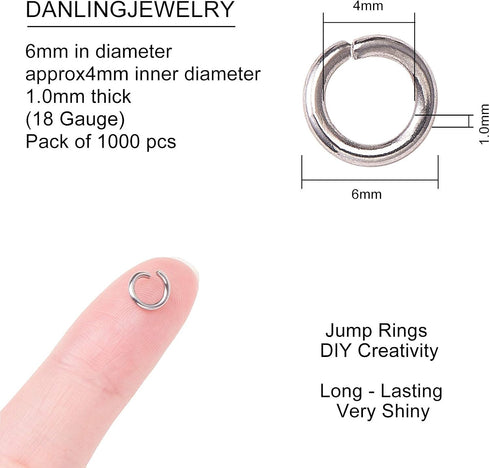 DanLingJewelry 1000 pcs 304 Stainless Steel 19 Gauge Open Jump Rings 6mm for Jewelry Making Connectors Jewelry Finding Stainless Steel Color...