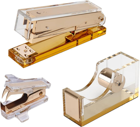 Modern Acrylic Office Supplies Set - Stapler, Tape Dispenser, and Staple Remover - Transparent Acrylic with Gold Hardware - Contemporary Style - I...