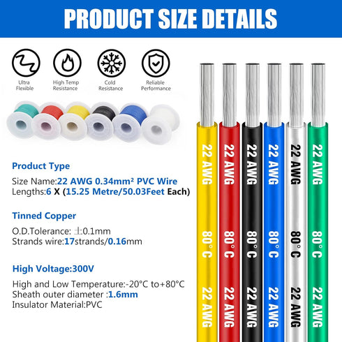22 Gauge Electrical Wire Cable-HuLuWa 22 AWG Hook up Wire Kit 6 Colors(26.25Feet Each) Stranded Tinned Copper Wire for DIY,Lamps,Household Applian...