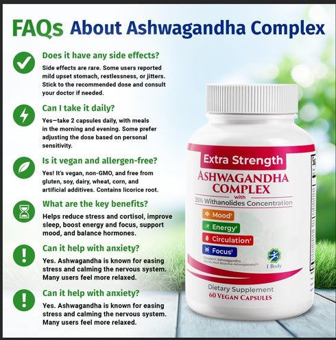 1 Body Ashwagandha Complex with Shoden® – Clinically Supported Stress Relief, Sleep, and Energy Support – Vegan, Non-GMO Supplements – 60 Capsules...