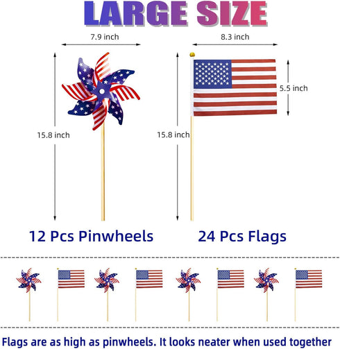 36 Pcs 4th of July Patriotic Decorations, Memorial Day Pinwheels and Flags Small Fourth of July Red White and Blue Stars Stripes Kids Windmills In...