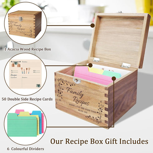 YOJO Handcrafted Recipe Box,Wooden Recipe Box With 50 Double Sided 4x6 Recipe Cards And 6 Dividers,Ideal Gift For Mother's Day,Wedding,Birthday,An...