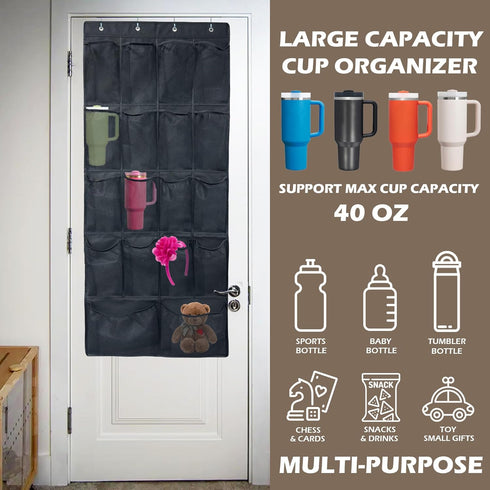 18 Pockets Door Hanging Water Bottle Organizer Rack Up to 40 Pounds, Mesh Large Capacity Door Storage Cups Holder Compatible with Stanley Tumbler ...