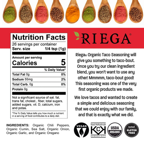 Riega Organic Taco Seasoning, Perfect Tex Mex Spice Mix for Taco Tuesday and Chili 0.9 Ounce (Pack of 8)...