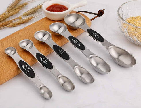 Magnetic Measuring Spoons Set of 5 Stainless Steel Dual Sided Stackable Teaspoon for Measuring Dry and Liquid Ingredients...