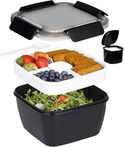 Salad Lunch Container To Go,54 OZ Salad Bowls with 3 Compartments for Salad Toppings and Snacks, Salad Bowl with Dressing Container, Built-in Reus...